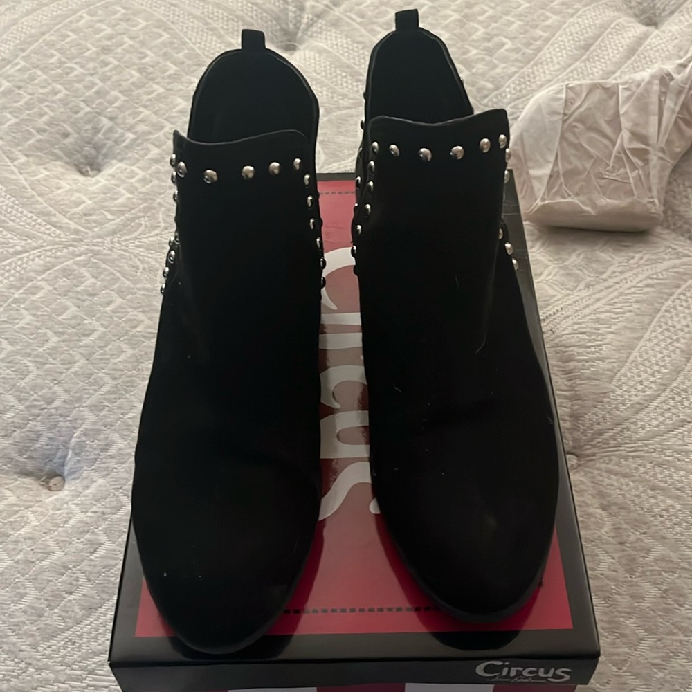 Black suede booties w/silver studs
